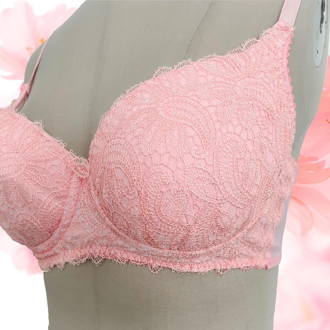 Pink Full Coverage Underwire Push Up Lace & Mesh Wide Band Bra